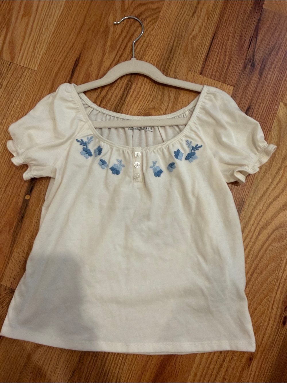 abercrombie kids Cream Short-Sleeve Top with Blue Floral Embroidery